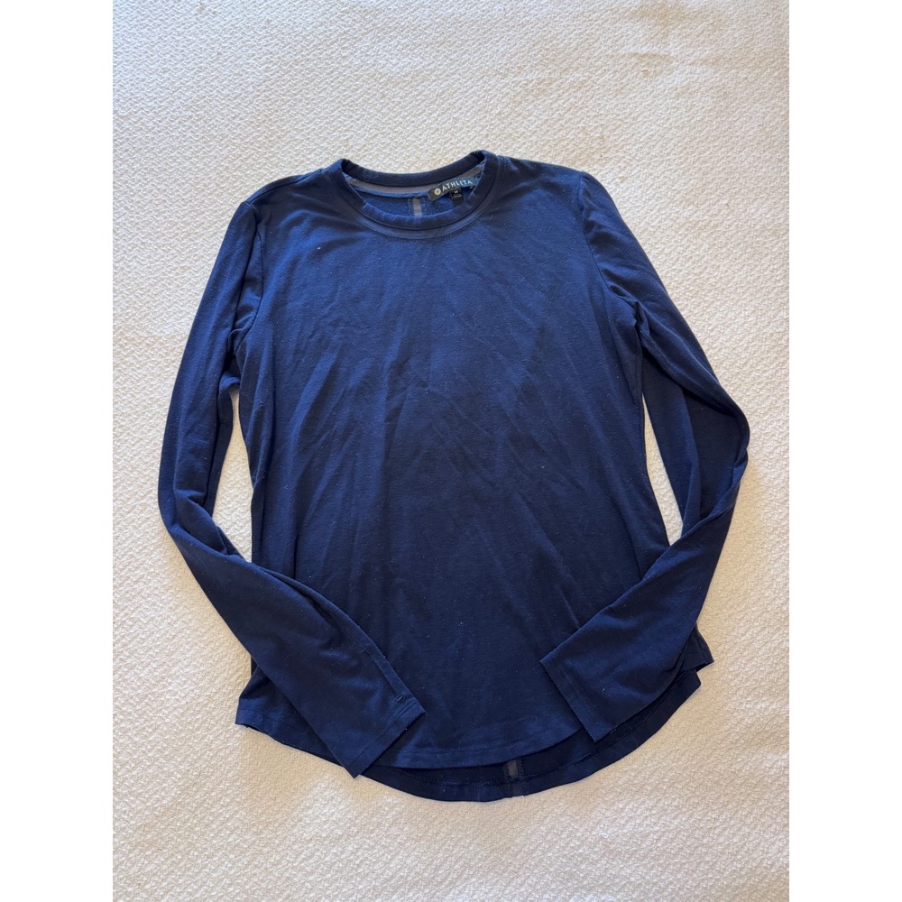 Athleta Navy Blue Long Sleeve Mesh Trim Activewear Top Crew Neck Size M